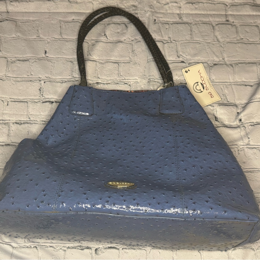 Blue and Black Textured Tote with Gold Hardware